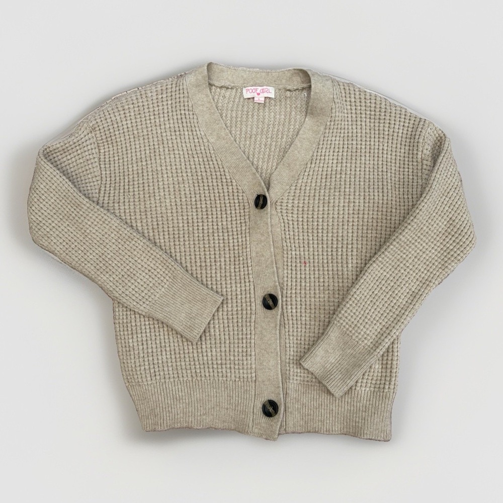 Women's Prep School Cropped Waffle Knit Khaki Cabincore Fall Cotton Cardigan L
